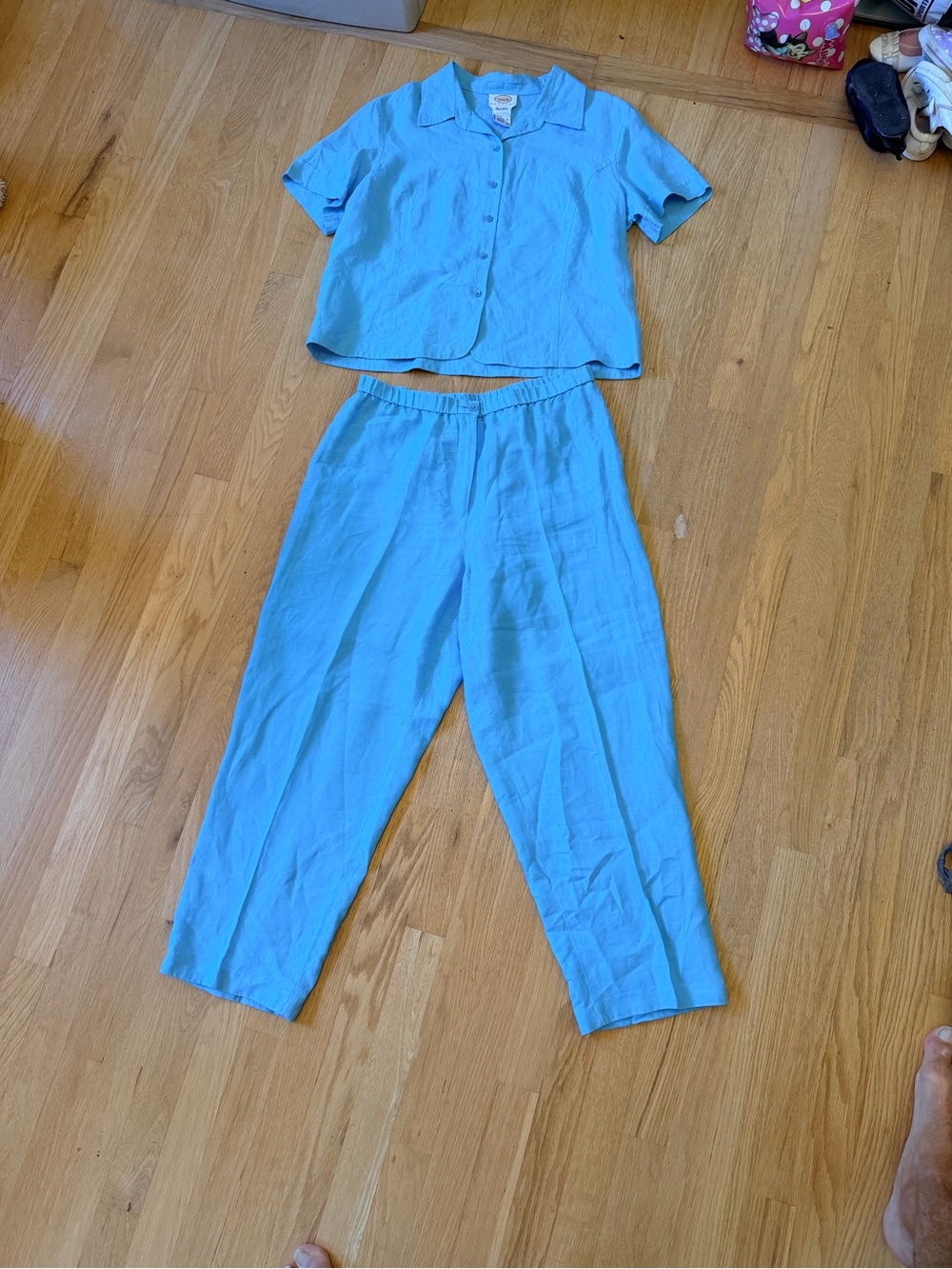 Sz L "Talbots" Sky Blue Irish Linen 2-Piece Blouse & Pants Set 100% IRISH LINEN